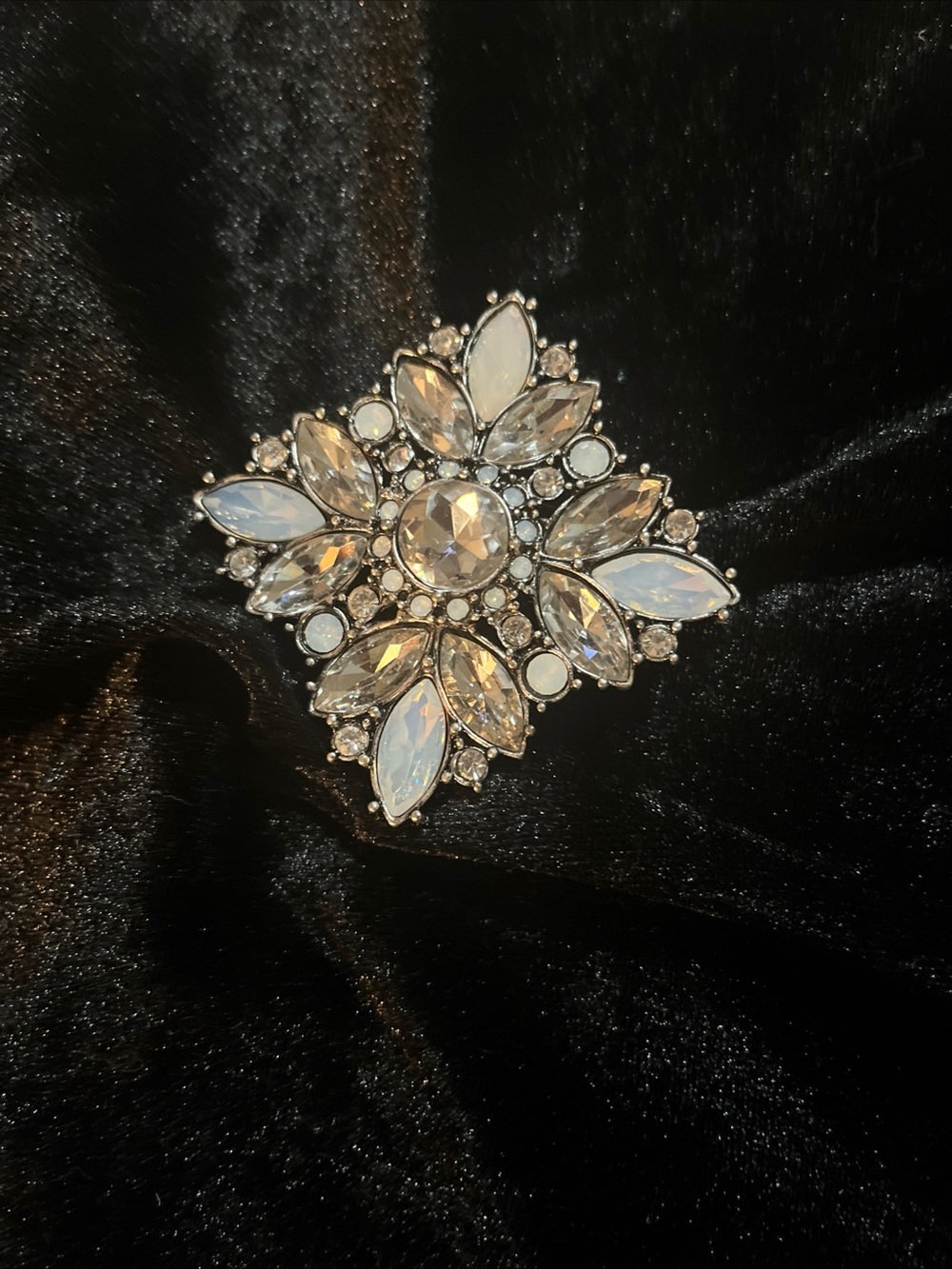 Vintage Premier Designs Rhinestone Floral Statement Brooch - White/Clear